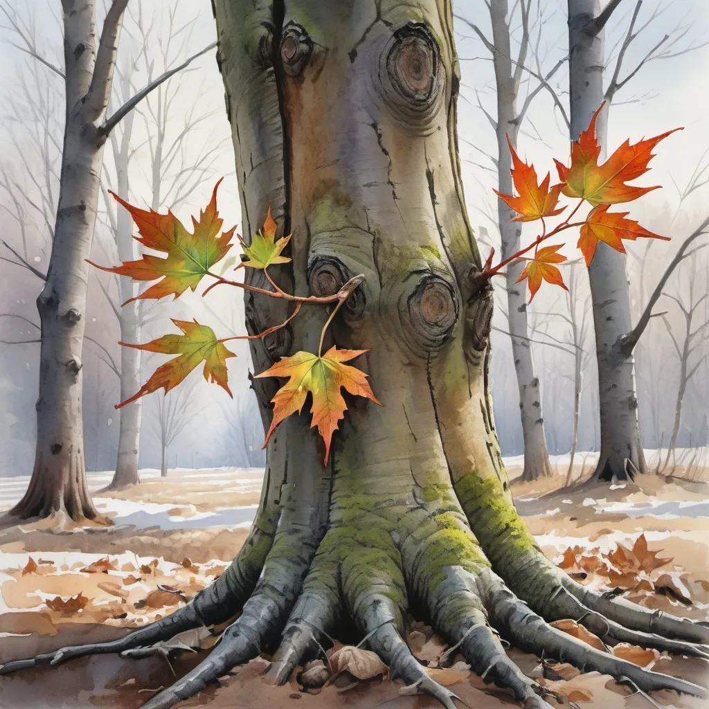 Prompt: Maple grove awakening to spring, watercolor style as if trending on ArtStation, sharp focus on the emerging buds, created by Greg Rutkowski, set within a studio photo environment, featuring intricate details of bark and leaf veins, highly detailed, studio lighting, ultra fine textures, Greg Rutkowski signature style.