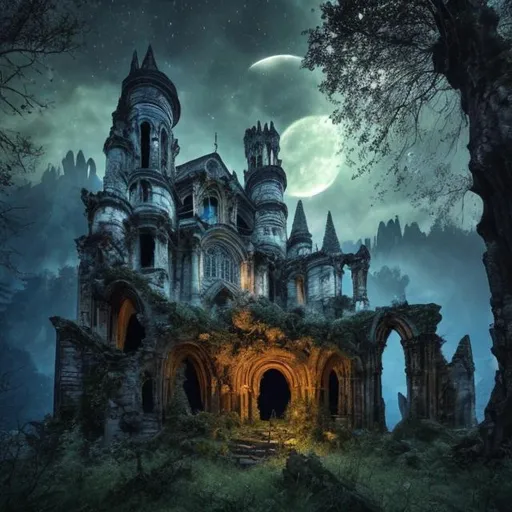 Prompt: HD, 4K, 3D, Stunning, magic, cinematic camera, two-point perspective, gothic ruin in the forest, ruined wall, ancient tree growing inside the ruins, moonlight, ruin in the forest, magical night, ruined building, ruined gothic cathedral