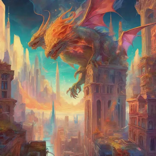 Prompt: A surreal digital painting seamlessly blending elements of different worlds into one fantastical scene. Crystal castles float above a futuristic city where dragons soar between skyscrapers. Imaginative visual storytelling merges themes of magic and technology. Vibrant colors and lighting enhance the mood. Rendered in the fantasy art style of Alphonse Mucha.