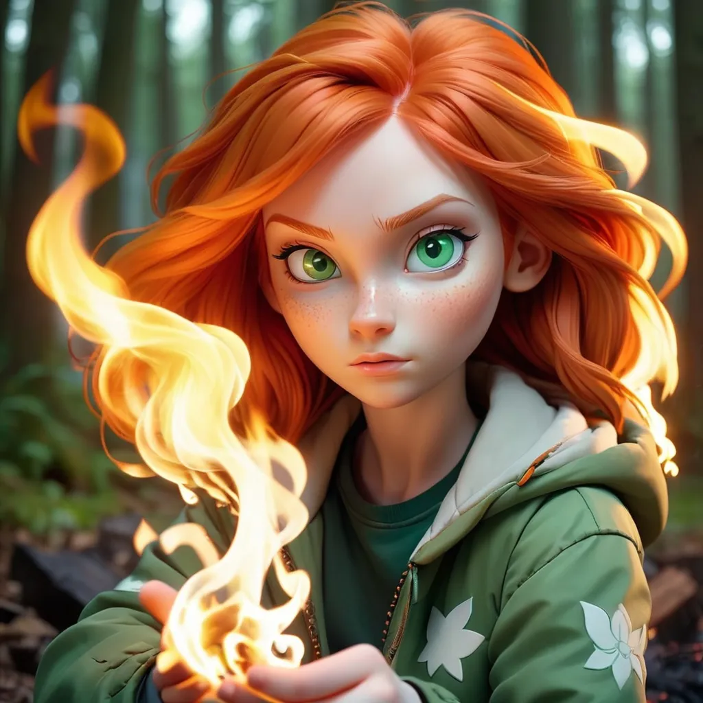 Prompt: Orange haired girl, white skin, green eyes, creating magical fire, staring at the camera, cute, cartoonis, wearing a jacket