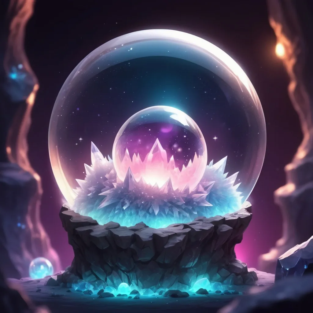 Prompt: Fluffy cute crystal ball glowing with magical energys and oozing with fluffs, background crystal cave,