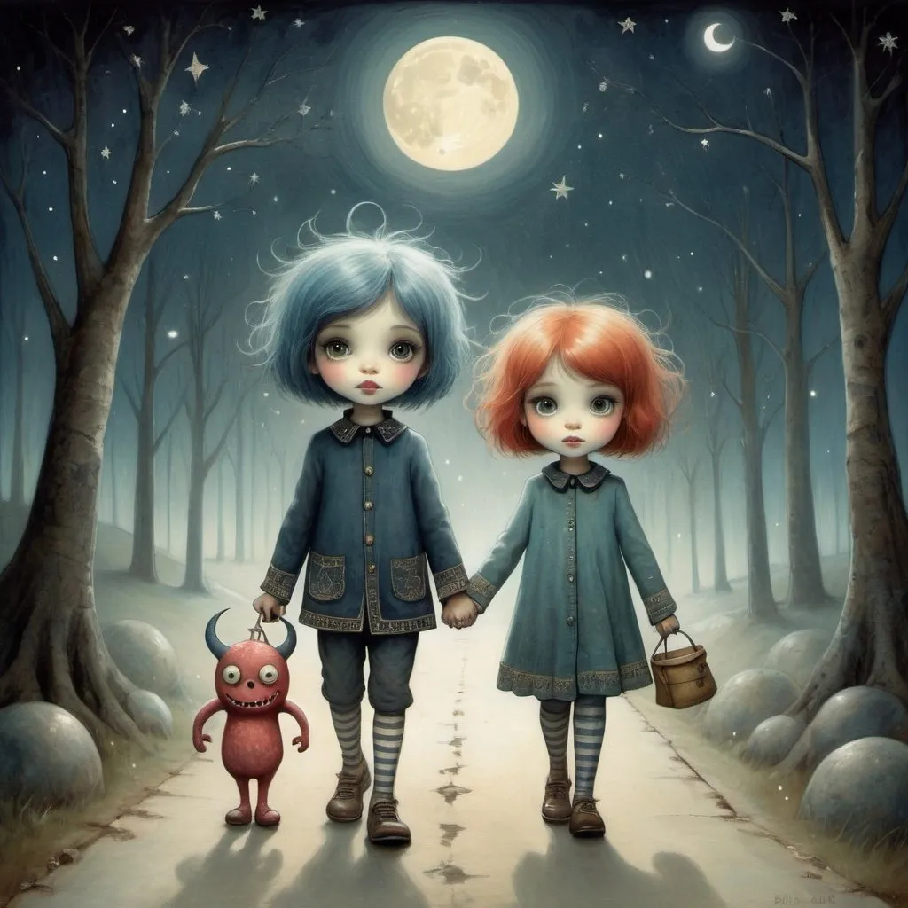 Prompt: Two children taking a cute monster on a walk, twinkling stars, moonlight, sparkle, in the style of Bill Carman