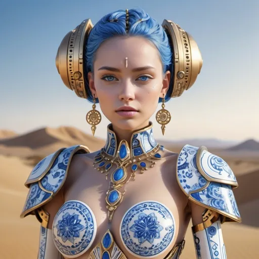 Prompt: A female android robot stands in the middle of a vast desert, her body is adorned with intricate blue and white Gzhel-style patterns that highlight her striking features, the patterns are meticulously detailed, creating a mesmerizing mix of colors against her unnatural skin tone, she wears elegant gold jewelry that catches the fading light, adding a touch of her biomechanical cyber appearance, professional photo, realistic, high detail, high resolution, 8K