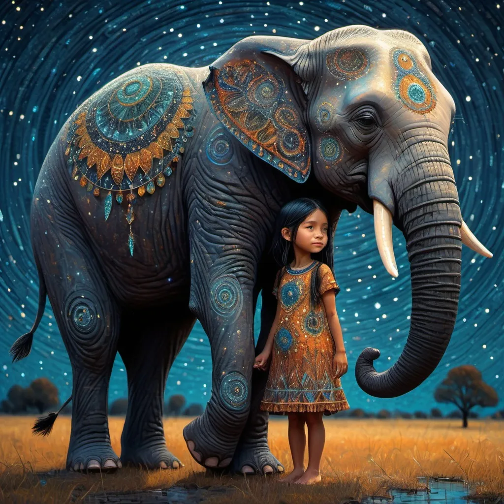 Prompt: The native american pretty girl wearing her starry clothes with her cute elephant friend. In style of james r eads,  Sam Toft, Anna dittmann, Justin Gaffrey, John Lowrie Morrison, Patty Maher, John Ruskin, Chris Friel, van Gogh. 3d, extremely detailed, intricate cinematic lighting, high definition 