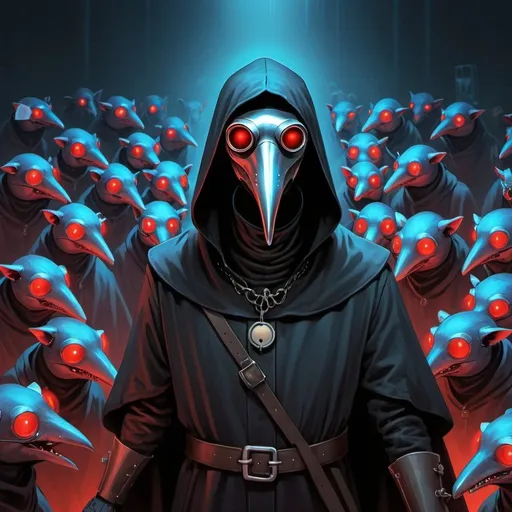 Prompt: a plague doctor in a hood and plague mask, the mask is a hologram, surrounded by a horde of robot rats with red and blue glowing eyes