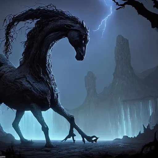 Prompt: The entity, similar to a fairy, lives in rocky mountains, by riverbanks, desolate places, and stables. It has backward feet, takes on the form of a witch, with tangled and matted red hair, typically wearing a long red dress, and is depicted braiding a majestic, frightening, strong and huge black horse's tail.