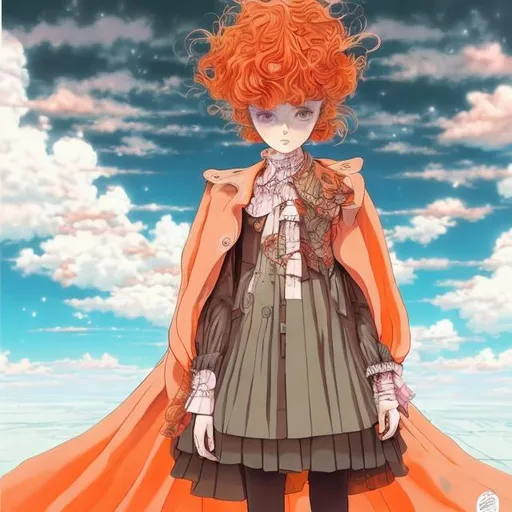 Prompt: Girl in eco friendly haute couture outfit in the style of anime, surrealism, akira style. details. fine jewelry. eco friendly. orange vibe.