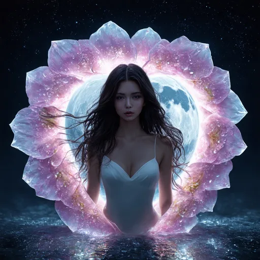 Prompt: A breathtaking, hyperrealistic masterpiece, depicting a beautiful woman emerging from the heart of a large glass rose. Its petals, shimmering like teardrops in the moonlight, unfurl to reveal her ethereal form. Her long hair flows like shadows, cascading around her like liquid night, illuminated by the soft glow emanating from the glass rose. Her eyes, filled with a profound sadness, reflect the delicate beauty of the glass petals and the melancholic light of the moon. Rendered in stunning 8k UHD resolution, this evocative image captures the essence of a woman born from the bloom, a symbol of beauty, fragility, and the enduring power of nature.white body suit