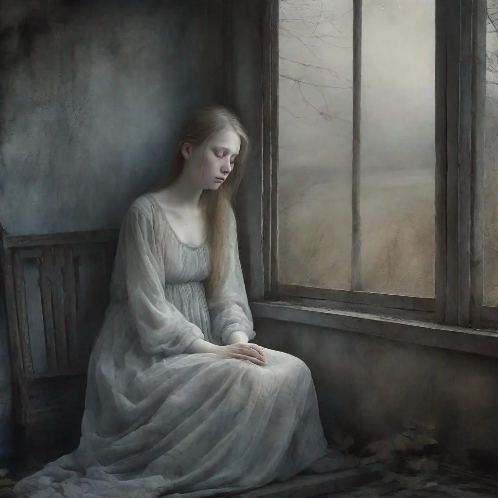 Prompt: A very beautiful dreamy ghostly young lady, very pretty face, remains alone and eternally sad  waiting sitting in her porch for her long lost love to return art by Daria Endresen, John Reuss, Lin Fengmian, Robert Ryman, Elger Esser, Rimel Neffati. 3d, watercolors and ink, beautiful, fantastic view, extremely detailed, intricate, best quality, highest definition