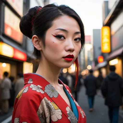 Prompt: Japanese woman “grponypui”  figure,  “anatomcalifwmg”,  strong nose, dark eyes, red lips, natural beauty,  vibrant, colours, setting city sun, messotint, style Slim Aaron, Aron Weidenfeld,  Jim Mahfood 