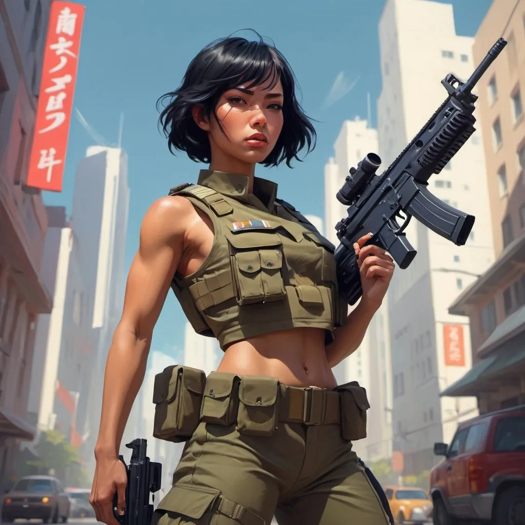 Prompt: GURPS character concept, female soldier, muscular yet feminine, black hair, clad in military uniform, wielding machine gun,  inspired by styles of  Loish, Rhads, Beeple, Makoto Shinkai, Lois Van Baarle, Ilya Kuvshinov, Rossdraws, Tom Bagshaw, Alphonse Mucha, infused with global illumination, intr