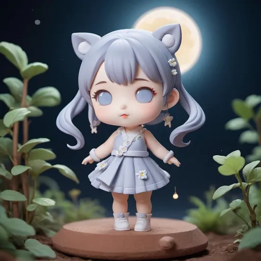 Prompt: Huangquan Moon Dew Luna . clay models, super cute girl by pop mart, IP, blind box toy,  stage background, patel color, delicate face, full body, chibi, nature lighting, 3D, OC renderer, 3D rendering, best quality