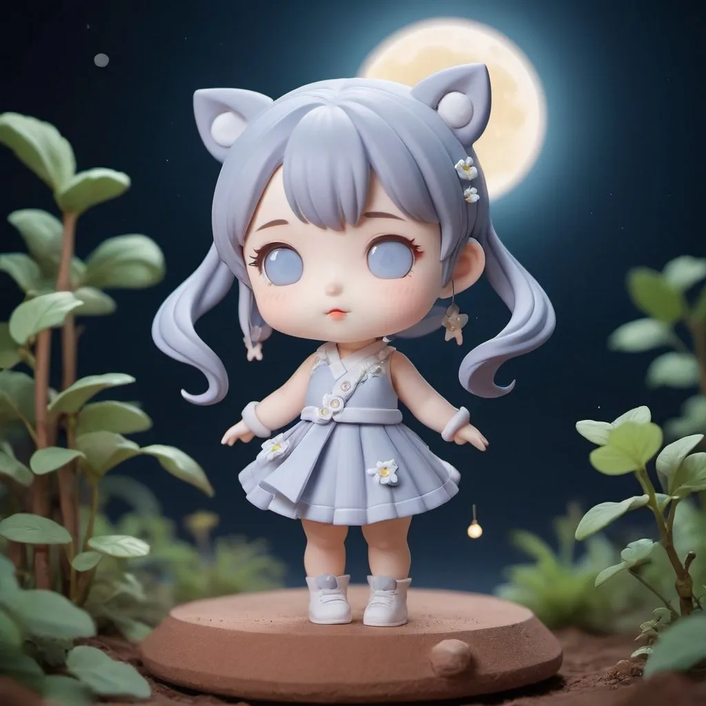 Prompt: Huangquan Moon Dew Luna . clay models, super cute girl by pop mart, IP, blind box toy,  stage background, patel color, delicate face, full body, chibi, nature lighting, 3D, OC renderer, 3D rendering, best quality