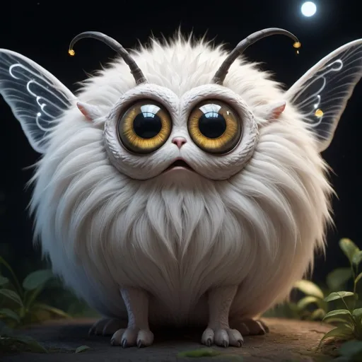 Prompt: White round furry ball creature, with huge round eyes, triangular ears, a puffy tail, with huge wings, with fireflies all around, in hyper realistic sharp photographic quality, trending on artstation, sharp focus, studio photo, intricate details, highly detailed, by greg rutkowski