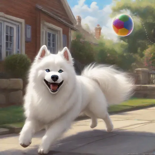 Prompt: Draw in profile, an adult Samoyed dog, with a ball stuck in her mouth, running with a ball in her mouth, very happy, in front of the house, with lots of details, inspired by Disney, Pixar and Dreamworks.