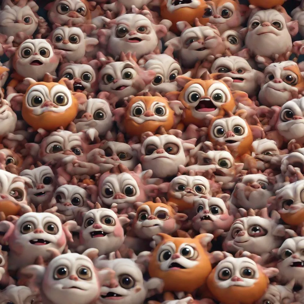 Prompt: 3d effect of cute baby gremlins play around causes the room to be very messy in an overall pattern, the faces of the gremlins are covered in paint, cartoon and claymation style, unreal engine render, 8k, intricate details