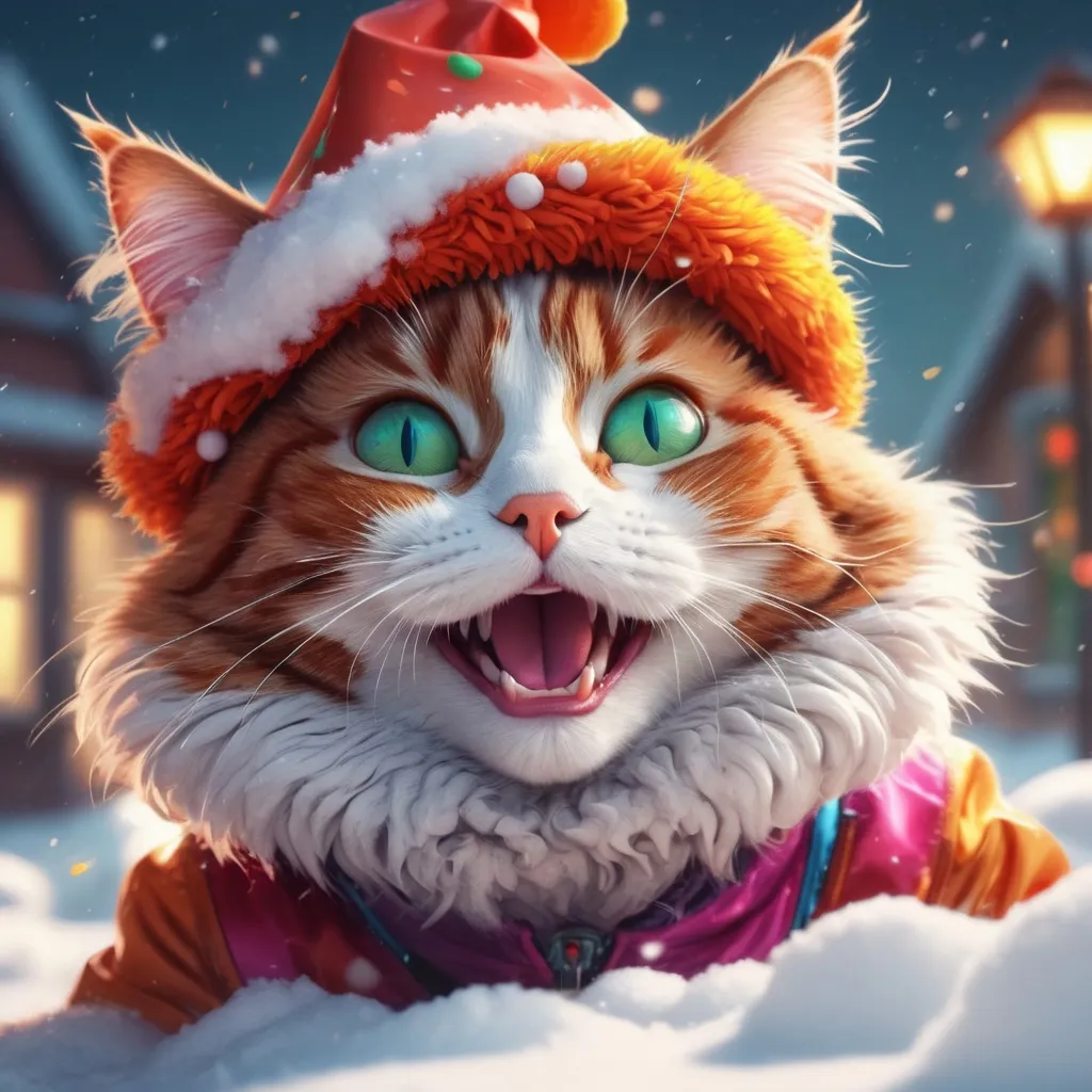 Prompt: Clown cat, happy new year vibes, style by loish, holiday, snow, ultra hd, realistic, vivid colors, highly detailed, UHD drawing, pen and ink, perfect composition, beautiful detailed intricate insanely detailed octane render trending on artstation, 8k artistic photography, photorealistic concept art, soft natural volumetric cinematic perfect light