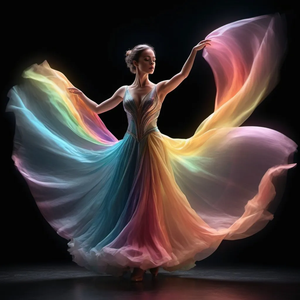 Prompt:  Enigmatic lone female ballroom dancer, ethereal ball gown of wind-blown luminous light, dynamic and flowing brushlines, pastel rainbow hues, impactful and powerful composition, captivating beauty, striking contrast against a deep black background, intricate detailing, surreal and dreamlike atmosphere, high-resolution digital artwork, dramatic lighting enhancing the mystical ambiance.
Modifiers:
8k beautiful award winning hyperrealistic ultra detailed high definition crisp quality colourful John William Waterhouse Volumetric lighting Ambient occlusion High Octane Render Devon Rodriguez anthropomorphic neon art high chroma