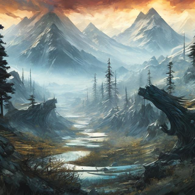 Prompt: taiga landscape, mountains, northern forest, artistic, magic the gathering art style