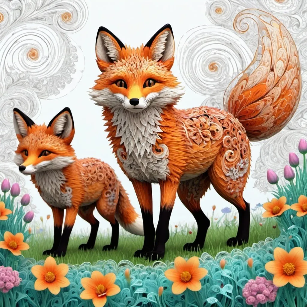 Prompt: On a rainy spring day, a fluffy filigree big fox and two small foxes run after each other through a blooming meadow. Big shiny eyes. Joy, bright, carefully detailed, harmonious colors, great beauty, bright colors, author Jean-Baptiste, abstract vector fractal, wave function, zentangle, 3D hatching, abstract vector fractal, wave function, zentangle, 3D hatching