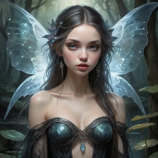 Prompt: Jean Baptiste Monge, Luis Royo, Jasmine Becket Griffith, Wlop, James Jean, artgerm, and other artists showcase UHD digital paintings featuring captivating dark fairies by the forest pond, with shimmering lace wings. The artworks include moonlight, exquisite ultra-details, vivid textures, sparkling effects, exquisite metalwork, enchanting magical backgrounds, edge lighting, magical energies, captivating, surreal, fantasy, shattered glass effects, stunning molecular details, iridescence, and glowing, creating stunning beauty, flawless perfection, divine presence, unforgettable impressions, volumetric lighting, halos, and rays.