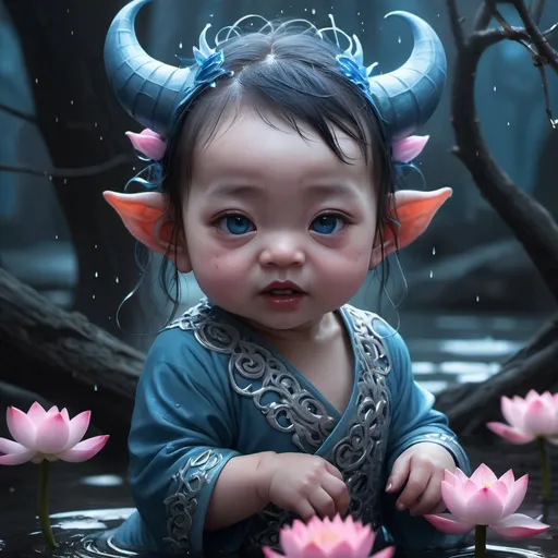 Prompt: luminism, , a close up cute devil baby girl,  by WLOP  greg rutkowski,  craola,   cute blue asian demon creature,  otherworldly, scary, horror, wonderland , mystical,  , creepy, fantasy, blue ice  fire moon, dark water, water drops, ,pink luminous  lotus flowers, snow, tree branches,  ,  complex background, dynamic lighting, lights, digital painting, intricated pose, highly detailed , cute, filigree, intricated, 