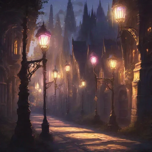 Prompt: Streetlights of iron and crystal in a summer elven city glowing brightly as shadows gather, in spectral art style 
