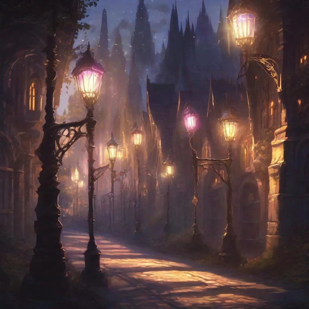 Prompt: Streetlights of iron and crystal in a summer elven city glowing brightly as shadows gather, in spectral art style 
