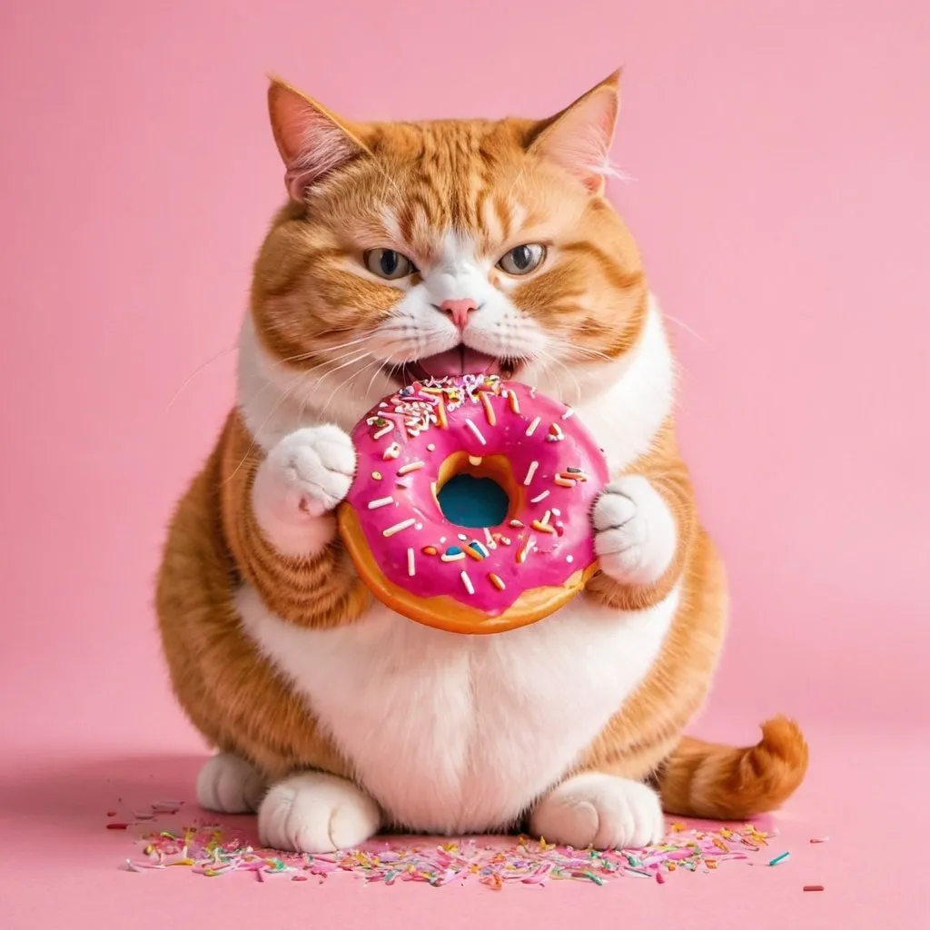 Prompt: chubby orange cat eating a pink donut with sprinkles