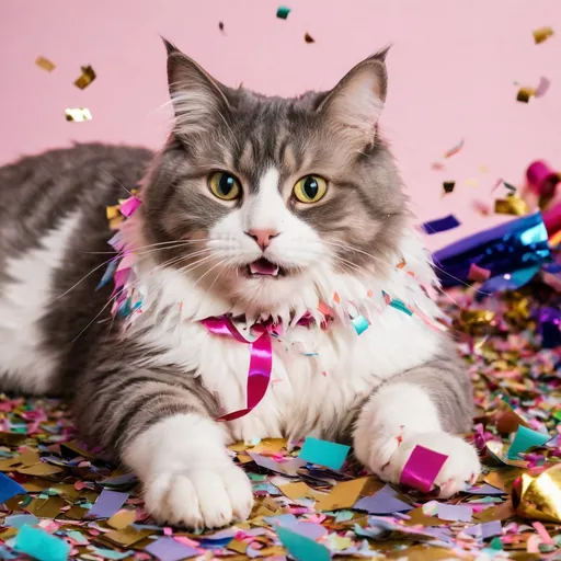 Prompt: Fluffy cat playing in a pile of confetti and streamers