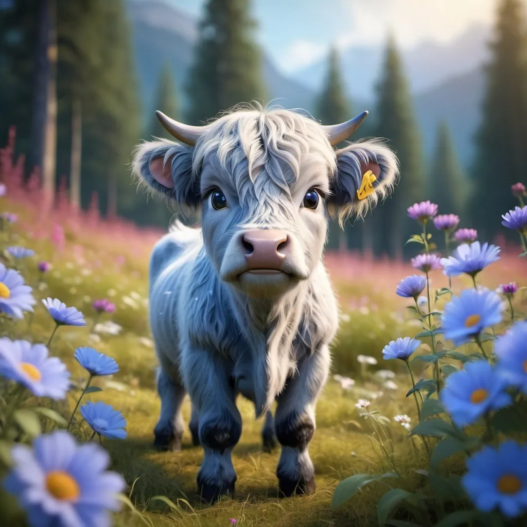 Prompt: Disney Pixar style blue highland calf highly detailed, extra fluffy, intricate, big eyes, adorable, beautiful, soft dramatic lighting, light shafts, radiant, ultra high quality octane render, daytime forest background, field of flowers, bokeh, hypermaximalist,