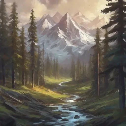 Prompt: taiga landscape, mountains, northern forest, artistic, magic the gathering art style