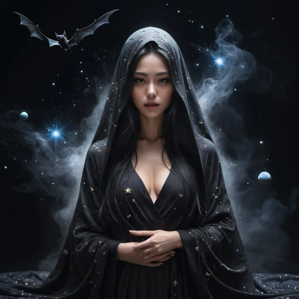 Prompt: Woman figure shrouded in black smoke, very long dark hair, wearing a robe made of stars and planets, wearing a black veil, with bats flying around her, dark background, looking straight ahead, full body photo, Miki Asai Macro photography, close-up, hyper detailed, trending on artstation, sharp focus, studio photo, intricate details, highly detailed, by greg rutkowski