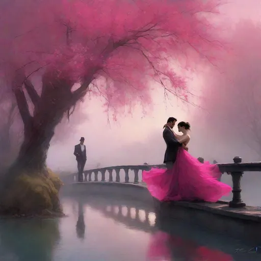 Prompt: Handsome man and a beautiful woman in hot pink chiffon gown dancing, cherry trees everywhere beautiful bridge, beautiful lake, the background is misty fog, cinematic  quality, style of  Jeremy Mann,  Peter Elson, Alex Maleev, Ryohei Hase, Raphael Sanzio, Pino Daheny, charlie bowater, Albert Joseph Penot, Ray Caesar, hr giger, gustave dore, Stephen Gammell, proper body proportion, two hands, two legs 