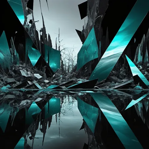 Prompt: Digital surrealism shattered dreamscape, fragments of forgotten memories, broken reflections in a sea of iridescence, muted  shiny  juxtaposed with stark monochrome, echoes of silence in the void, black and  teal
