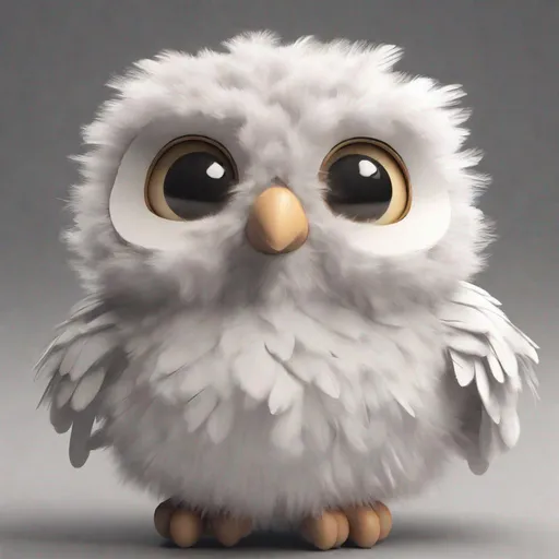 Prompt: Create a cute and fluffy Owl chick with cute eyes, and white feathers looking in front of the camera and smiling in 3D