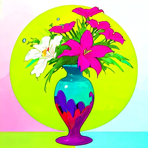 Prompt: Unique and bold colorful vase with one flower in it.