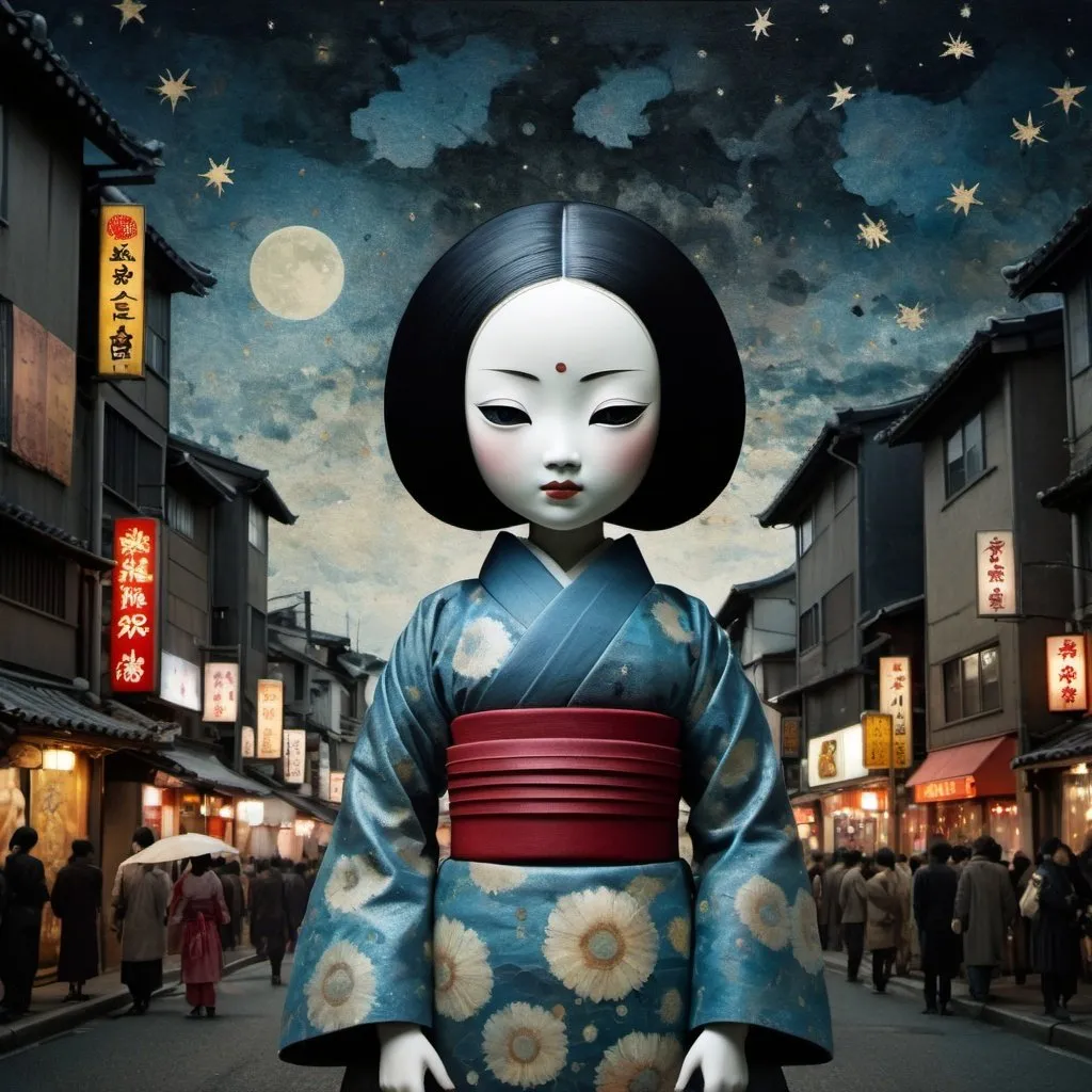 Prompt: Bunraku Doll, by Morimura Yasumasa, dark fantasy, romance, masterpiece, double exposure art by Andy Kehoe, liquid ink, acrylic, transparent, detailed close up night fantasy crowded city street, spring, cute scary, art on cracked paper, vintage, fine detail, mystical, intricate pose, Nicoletta Ceccoli, Van Gogh starry foggy sky, straw