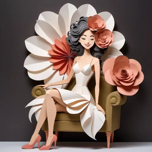 Prompt: Paper sculpture art style, a beautiful and graceful lady, sitting sideways on a chair with an oversized flower, wearing a lady's hair, high shoes, and a leg-revealing dress, looking down and smiling