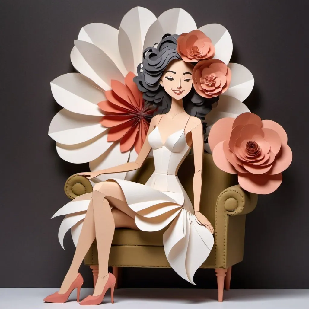 Prompt: Paper sculpture art style, a beautiful and graceful lady, sitting sideways on a chair with an oversized flower, wearing a lady's hair, high shoes, and a leg-revealing dress, looking down and smiling