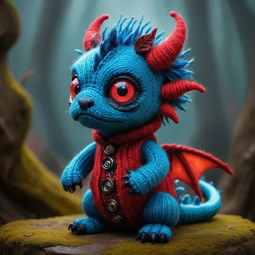 Prompt: Cute and wooly tiny baby dragon wearing gothic-punk clothing by Andy Kehoe and Tim Burton. Huge sad eyes. Big fluffy-red-scales. Big beautiful chibi eyes. Blue mohawk. Knitted yarn. Vibrant modern fairytale scene of spiraling surreal and whimsical beauty. Wool. Thread. Abstract art, complementary colors, fine details. Sharp, focused, vibrant, colorful, clear image, high contrast. Adorable, baby, friendly, endearing. Fantasy art, scifi art, 4K 64 megapixels, 8K resolution, HDR, shiny, reimagined by industrial light and magic.