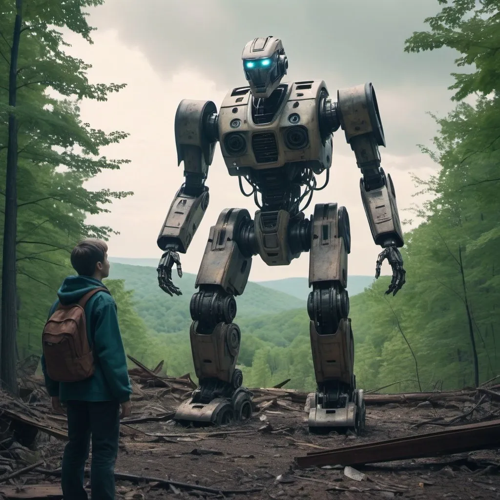 Prompt: A Sci-Fi robot helping a human in the Pennsylvania Forest with a ruined modern town in the background, Cinematic film still, shot on v-raptor XL, film grain, vignette, color graded, post-processed, cinematic lighting, 35mm film, live-action, best quality, atmospheric, a masterpiece, epic, stunning, dramatic