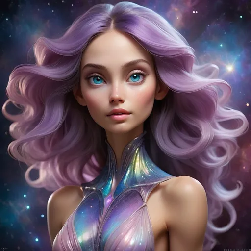 Prompt: A stunning extra terrestrial woman stands with graceful poise, exuding an otherworldly aura that immediately captures attention. Her skin has a luminescent lavender hue, soft and slightly iridescent, giving her an ethereal glow. Delicate bioluminescent patterns ripple across her cheeks and neck, accentuating her elegant features.

Her eyes are large and mesmerizing, shimmering with a multitude of colors like the shifting hues of a distant nebula. They hold a profound depth of wisdom and curiosity, hinting at her profound understanding of the cosmos. Long, slender eyelashes frame these captivating orbs, adding to the allure of her gaze.

Her beautifully proportioned face boasts high cheekbones that enhance her gentle smile, which carries an enigmatic charm that draws others closer to her. As she speaks, her voice resonates like a melodious symphony, entrancing all who listen.

Flowing down her back, her hair cascades like liquid stardust, with each strand seemingly holding a faint twinkle of distant stars. Its color shifts, reflecting the emotions she experiences, transforming from vibrant blues to deep purples, and even soft pinks.

With an elegant and statuesque form, she moves gracefully, seemingly defying gravity. Her flowing gown appears to be made from celestial silk, shimmering with iridescence that harmonizes with her surroundings.

Her limbs are long and slender, yet subtly strong, emphasizing her agility and poise. At the tips of her delicate fingers, a faint luminescence emits, casting a gentle glow on everything she touches.

This beautiful female alien embodies a cosmic mystery and allure, a being of grace and wonder from the depths of the universe. Her presence serves as a testament to the beauty and diversity that may exist among the stars, captivating the imagination of anyone fortunate enough to encounter her.
