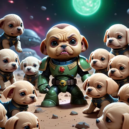 Prompt: A Starfleet space marine fighting an army of the cutest little alien puppies. Distant planet. Doom. Full render. Full color.