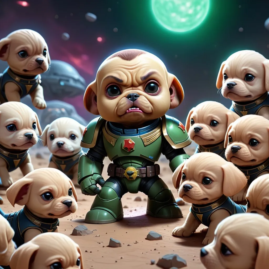 Prompt: A Starfleet space marine fighting an army of the cutest little alien puppies. Distant planet. Doom. Full render. Full color.