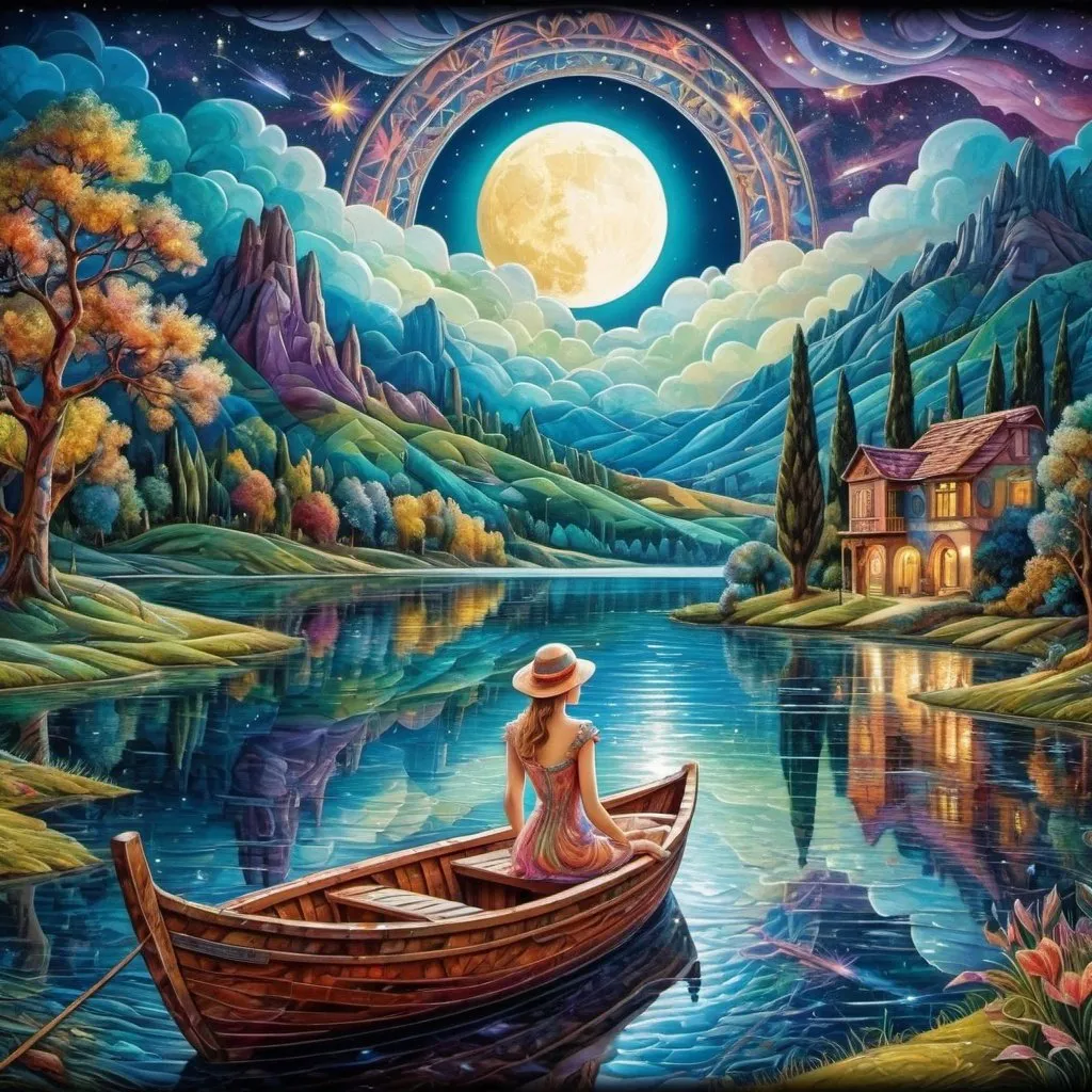 Prompt: Lake with boat and beautiful woman under moonlight with shooting stars art deco Josephine Wall contrasting colors cubism majolica Cinema 4D detailed elaborate landscape colourful