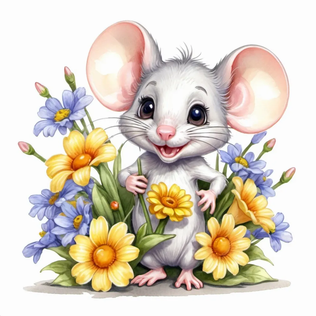 Prompt: Color sketch, postcard. high quality, high detail, 16K UHD, masterpiece, best quality, ultra-realistic detail. photorealism.
Happy sun smiles. Chibi.
Cute happy anthropomorphic mouse with a large bouquet of spring flowers. Watercolor. Cartoon.
Without background. Fine lines. detailed detailed anatomy. Hyperrealism.