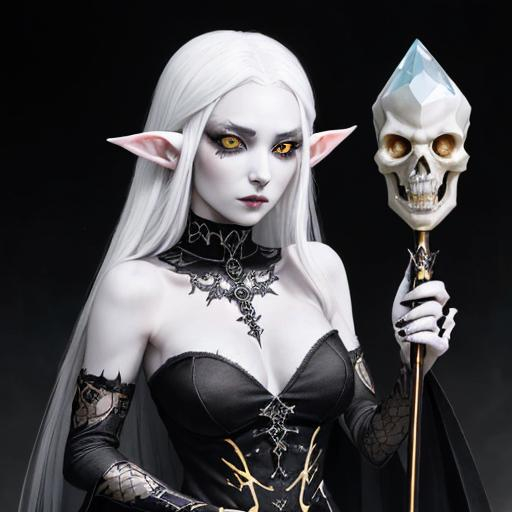 Prompt: {{black sclera}}, {{Silver eyes}}, A smug young elf woman in a {Black and Gold saintess dress}, {{Pure white Hair}}, {{holding a necromantic staff with a crystal skull with burning eyes}}, on an empty background, intricate detail, high quality, 