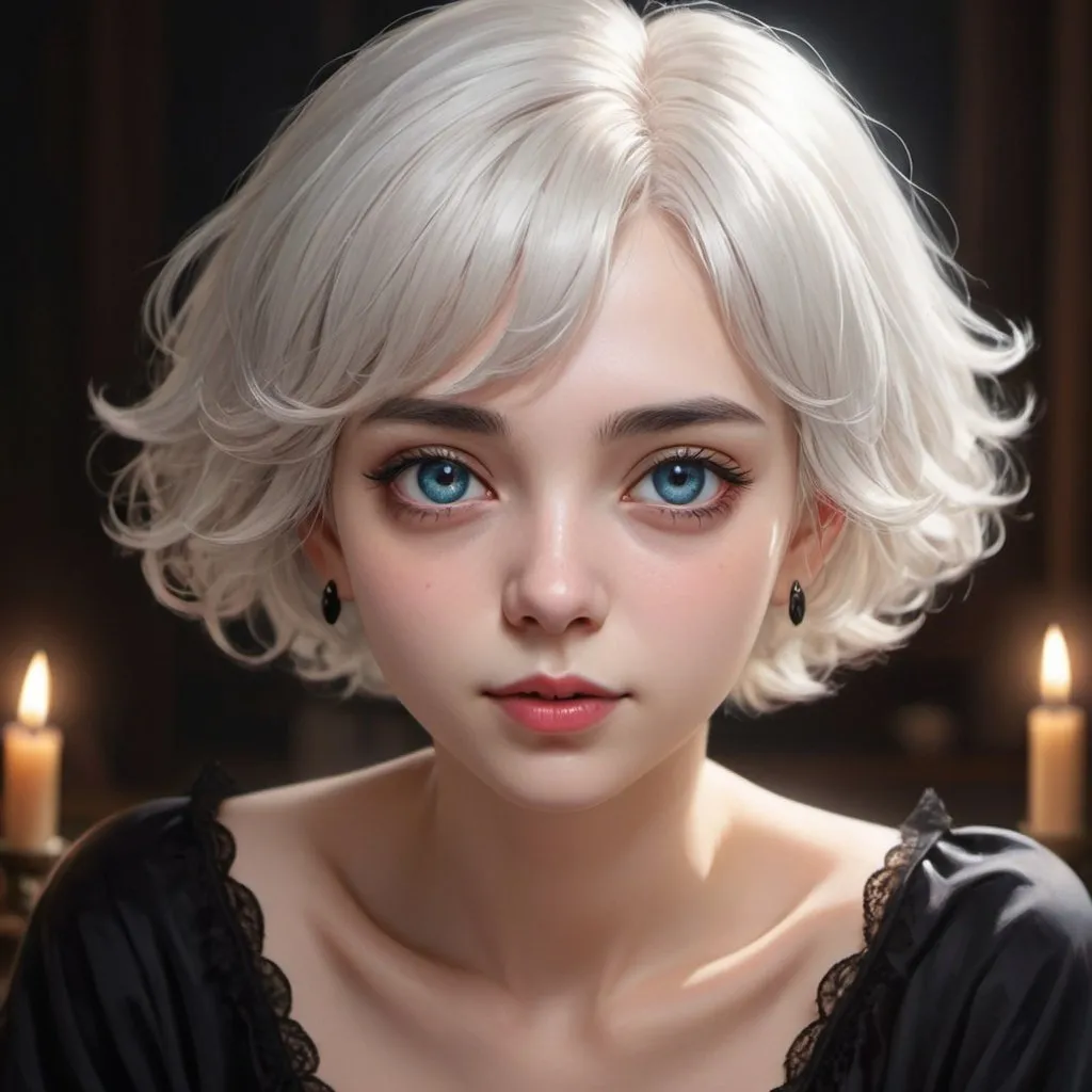 Prompt: (masterpiece, illustration, best quality:1.2), short trimmed white hair, devilish eyes, wearing black nightgown, best quality face, best quality, best quality skin, best quality eyes, best quality lips, ultra-detailed eyes, ultra-detailed hair, ultra-detailed, illustration, colorful, soft glow, 1 girl