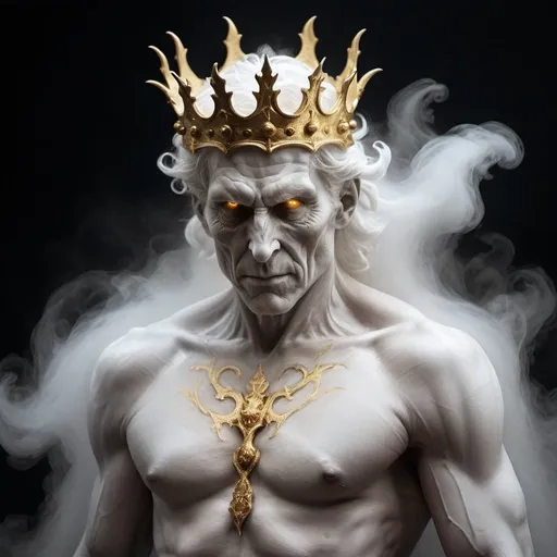 Prompt: faceless male demon, ageless, body and face entirely composed of swirling white fog, with a golden crown, erlkönig, erlking, semi-profile, dark background